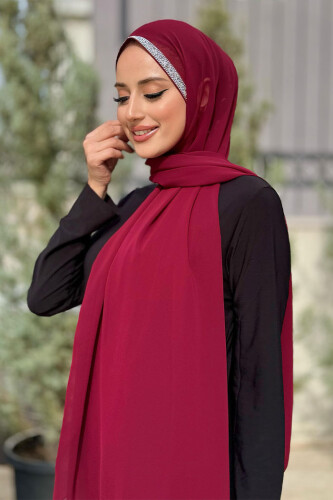 Taş Detaylı Şifon Şal 2026 Bordo - Bym Fashion (1)