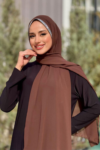 Taş Detaylı Şifon Şal 2026 Kahverengi - Bym Fashion