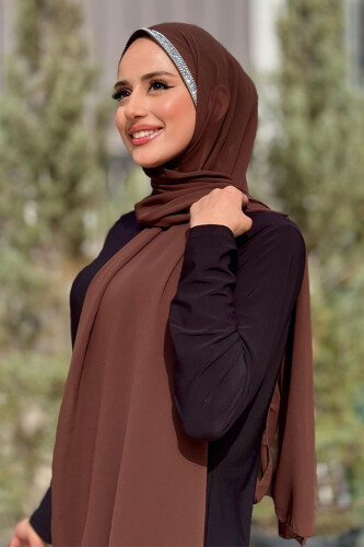 Taş Detaylı Şifon Şal 2026 Kahverengi - Bym Fashion (1)