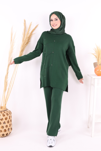 Taş Detaylı Tunik ve Pantolon İkili Triko Takım 2-1545 Zümrüt - 5