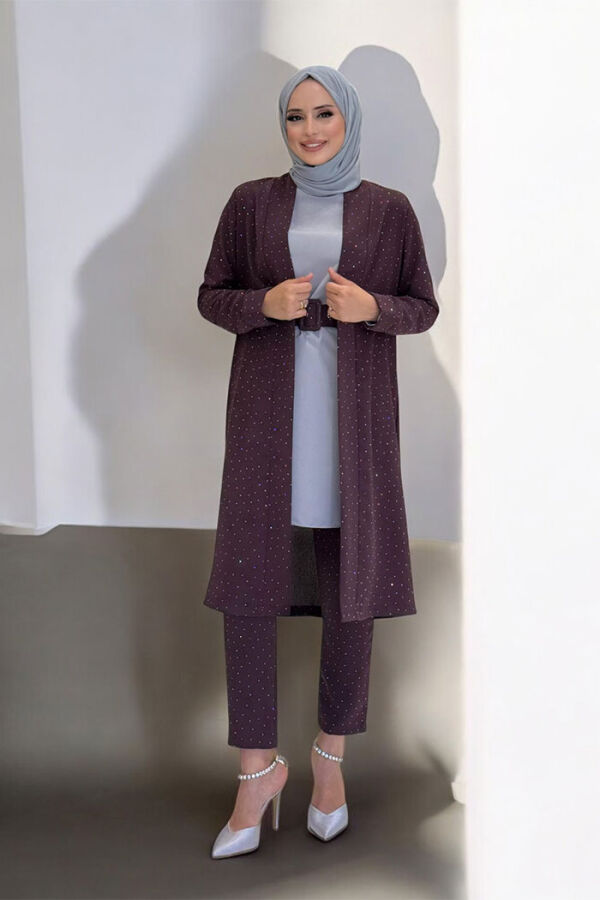 Taş Detaylı Uzun Ceket Pantolon İkili Takım 8683 Bordo - 1
