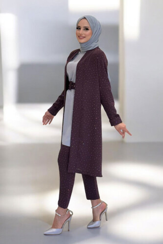 Taş Detaylı Uzun Ceket Pantolon İkili Takım 8683 Bordo - 3