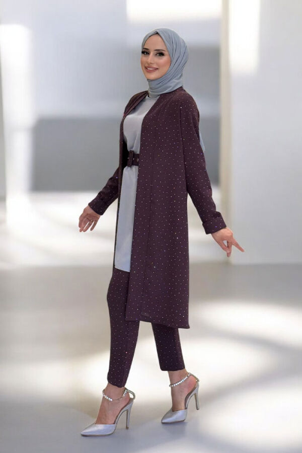 Taş Detaylı Uzun Ceket Pantolon İkili Takım 8683 Bordo - 3