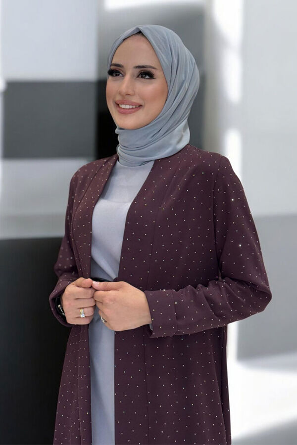 Taş Detaylı Uzun Ceket Pantolon İkili Takım 8683 Bordo - 4