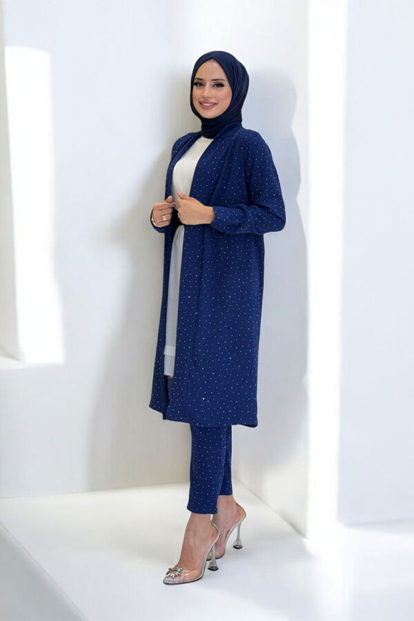 Taş Detaylı Uzun Ceket Pantolon İkili Takım 8683 Lacivert - 3