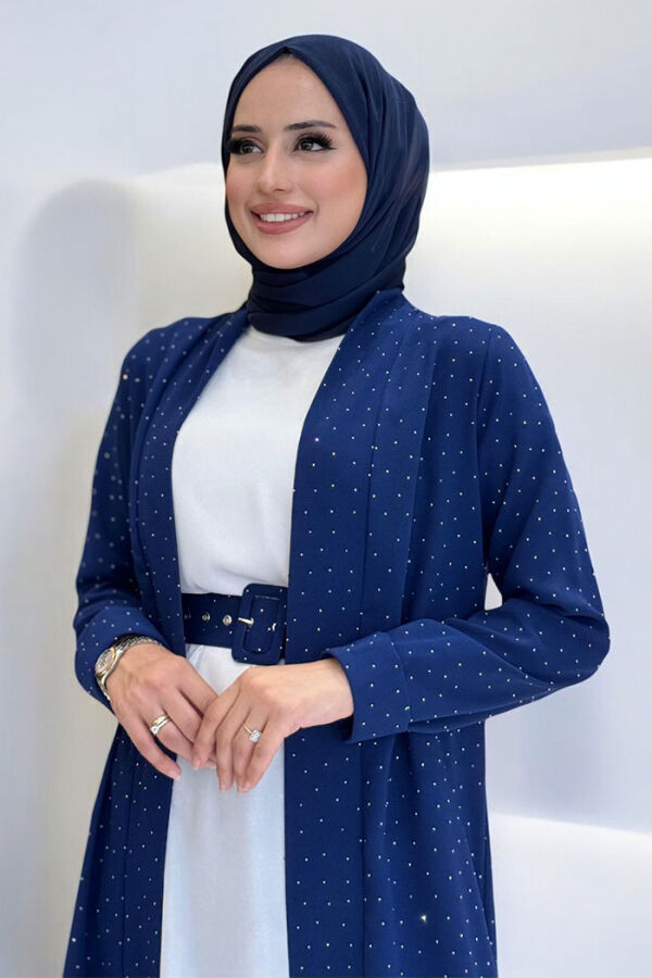 Taş Detaylı Uzun Ceket Pantolon İkili Takım 8683 Lacivert - 4