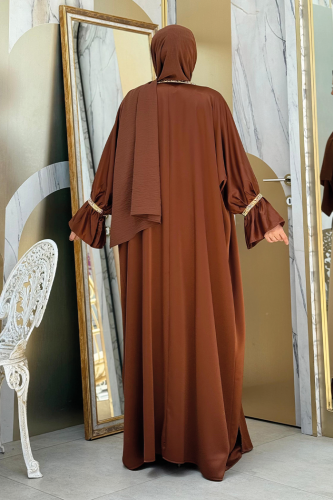 Taş İşleme Detaylı Kuşaklı Elbiseli Abaya Takım 3860 Kahverengi - Bym Fashion (1)
