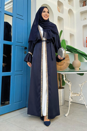 Taş İşleme Detaylı Kuşaklı Elbiseli Abaya Takım 3860 Lacivert - Bym Fashion