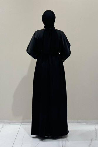 Taş İşleme Detaylı Kuşaklı Elbiseli Abaya Takım 3860 Siyah - Bym Fashion (1)