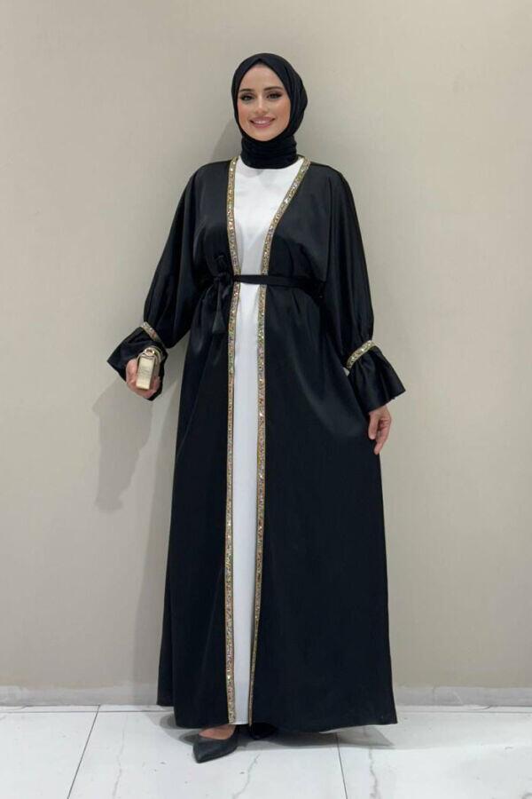 Taş İşleme Detaylı Kuşaklı Elbiseli Abaya Takım 3860 Siyah - 1