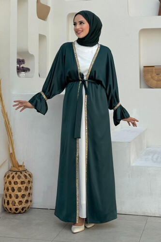 Taş İşleme Detaylı Kuşaklı Elbiseli Abaya Takım 3860 Zümrüt - Bym Fashion