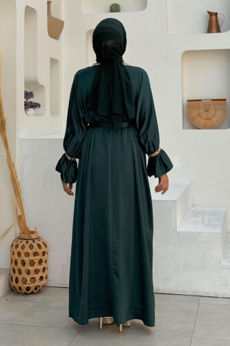 Taş İşleme Detaylı Kuşaklı Elbiseli Abaya Takım 3860 Zümrüt - Bym Fashion (1)