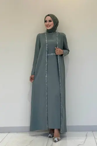 Taş İşleme Detaylı Yelekli Elbise Takım 3838 Mint - 1