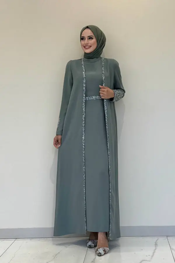 Taş İşleme Detaylı Yelekli Elbise Takım 3838 Mint - 1