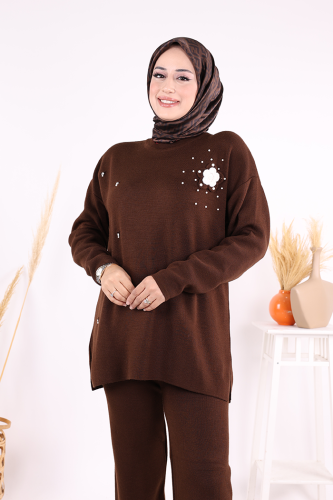 Taş ve Çiçek Detaylı Triko Takım 1655 Kahverengi - 5