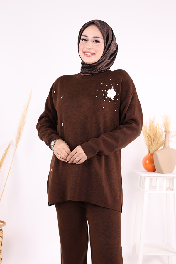 Taş ve Çiçek Detaylı Triko Takım 1655 Kahverengi - 5