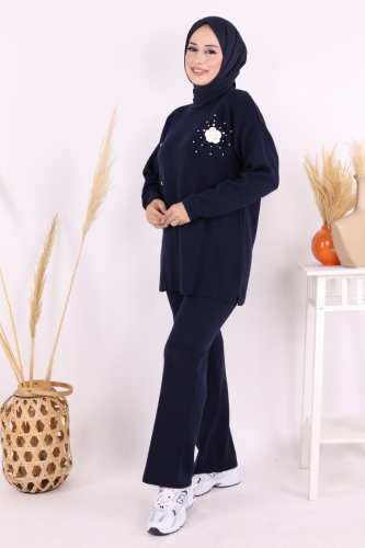 Taş ve Çiçek Detaylı Triko Takım 1655 Lacivert - 1