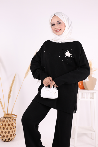 Taş ve Çiçek Detaylı Triko Takım 1655 Siyah - 5