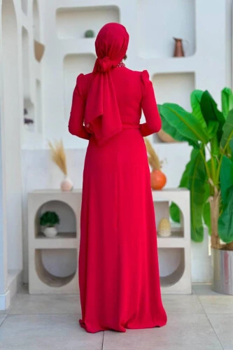 Taş ve Tüy Detaylı Abiye 7021 Kırmızı - Bym Fashion (1)