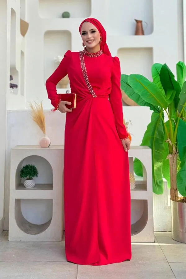 Taş ve Tüy Detaylı Abiye 7021 Kırmızı - 1