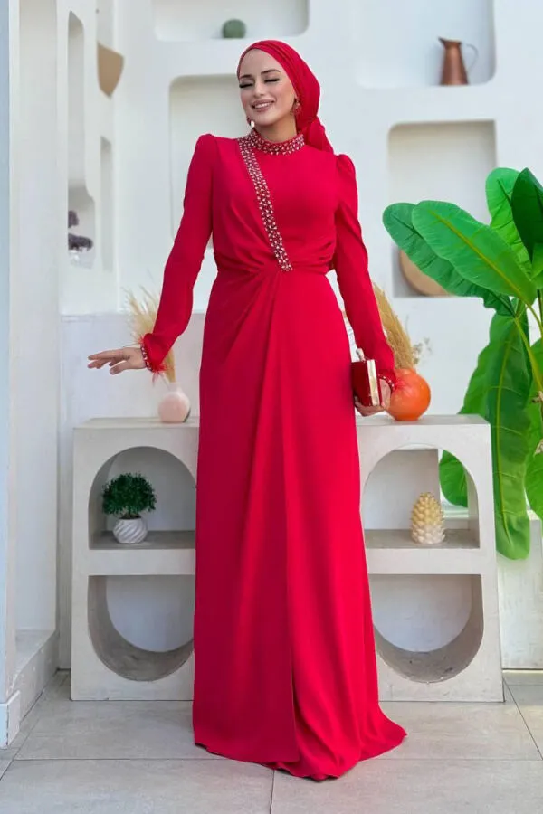 Taş ve Tüy Detaylı Abiye 7021 Kırmızı - 3