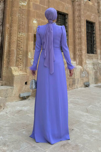 Taş ve Tüy Detaylı Abiye 7021 Lila - Bym Fashion (1)