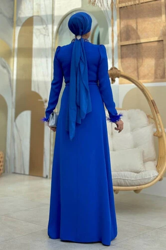 Taş ve Tüy Detaylı Abiye 7021 Saks - Bym Fashion (1)