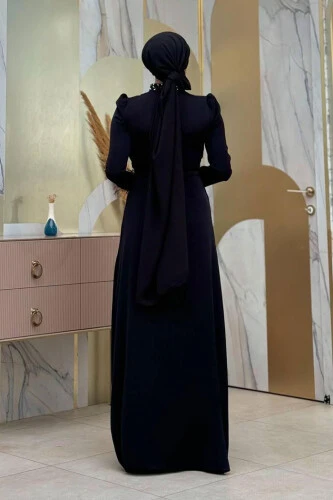 Taş ve Tüy Detaylı Abiye 7021 Siyah - Bym Fashion (1)