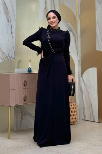 Taş ve Tüy Detaylı Abiye 7021 Siyah - 1