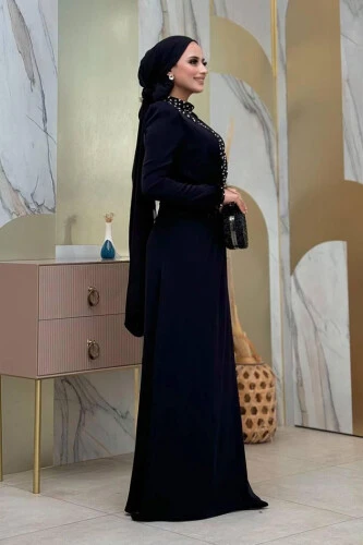 Taş ve Tüy Detaylı Abiye 7021 Siyah - 3