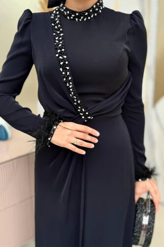 Taş ve Tüy Detaylı Abiye 7021 Siyah - 4