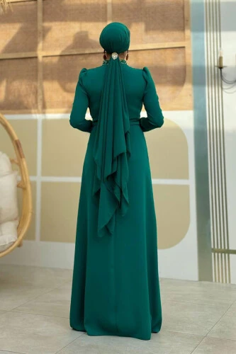 Taş ve Tüy Detaylı Abiye 7021 Zümrüt - Bym Fashion (1)