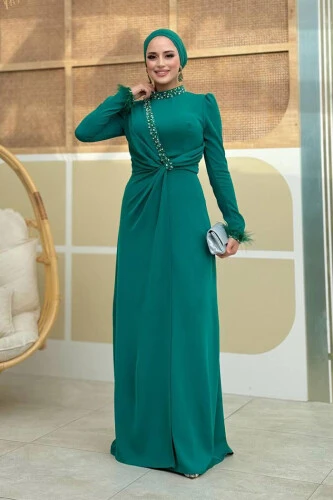 Taş ve Tüy Detaylı Abiye 7021 Zümrüt - 1