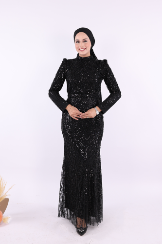 Taşlı Abiye 7143 Siyah - Bym Fashion