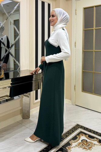 Tek Omuz Fiyonk Apoletli Çift Renk Elbise 3862 Zümrüt-Ekru - Bym Fashion (1)