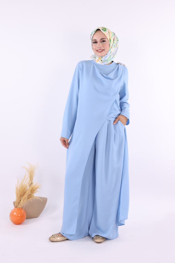 Tek Omuz Gold Toka Detaylı Tunik Pantolon Takım 8698 Bebe Mavisi - 1