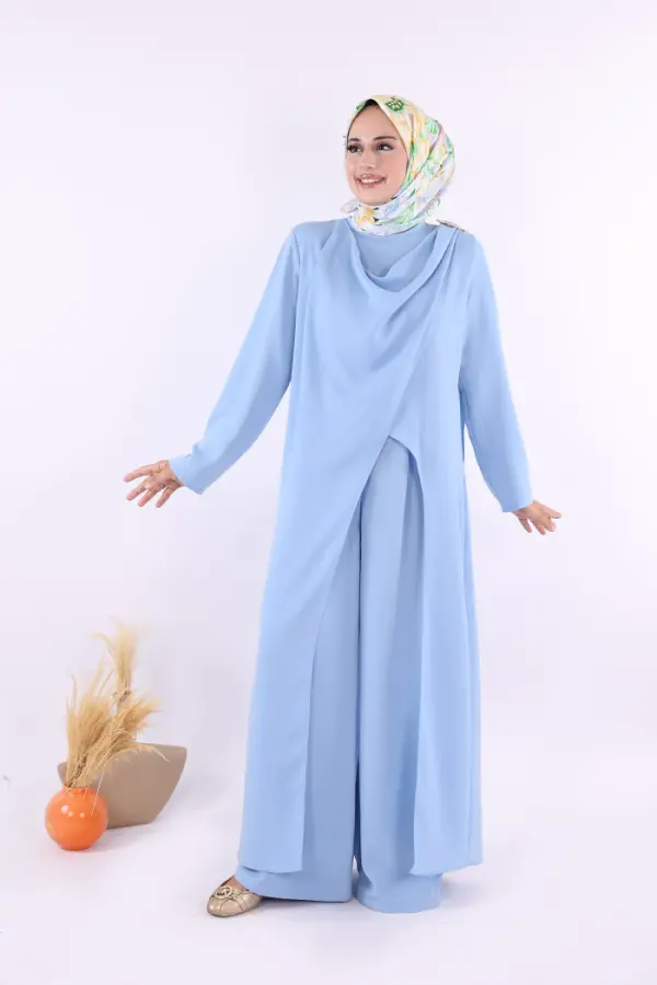 Tek Omuz Gold Toka Detaylı Tunik Pantolon Takım 8698 Bebe Mavisi - 2