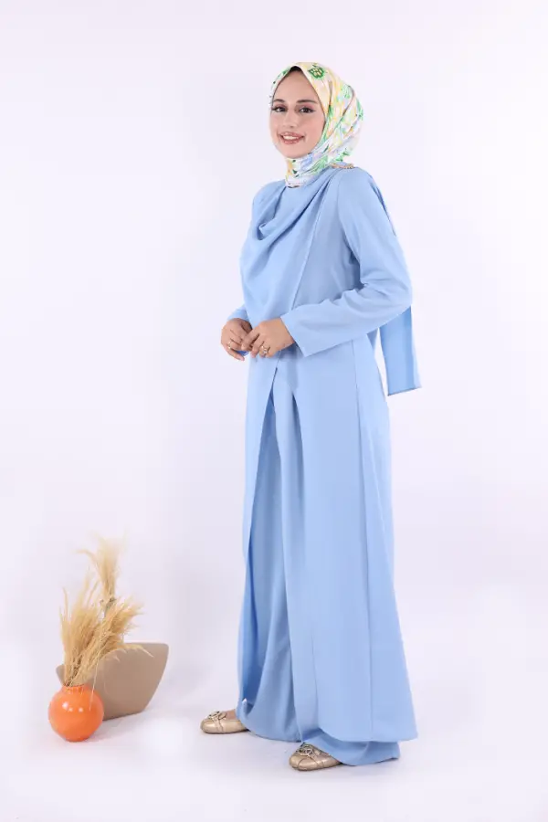 Tek Omuz Gold Toka Detaylı Tunik Pantolon Takım 8698 Bebe Mavisi - 3