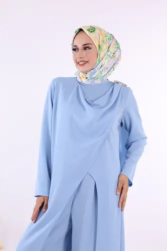 Tek Omuz Gold Toka Detaylı Tunik Pantolon Takım 8698 Bebe Mavisi - 5