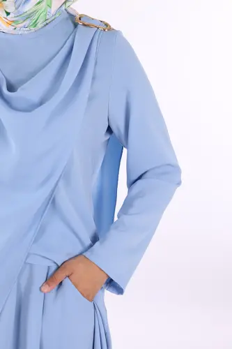 Tek Omuz Gold Toka Detaylı Tunik Pantolon Takım 8698 Bebe Mavisi - 6