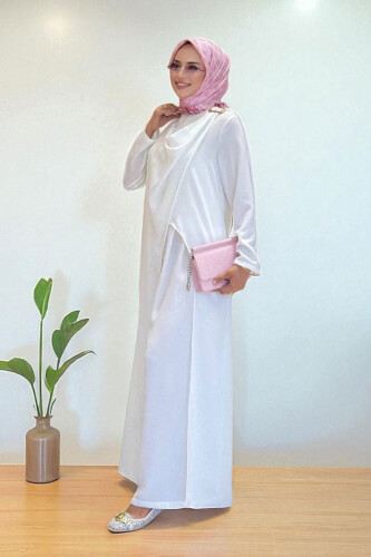 Tek Omuz Gold Toka Detaylı Tunik Pantolon Takım 8698 Ekru - 3