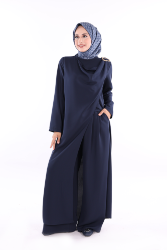 Tek Omuz Gold Toka Detaylı Tunik Pantolon Takım 8698 Lacivert - Bym Fashion