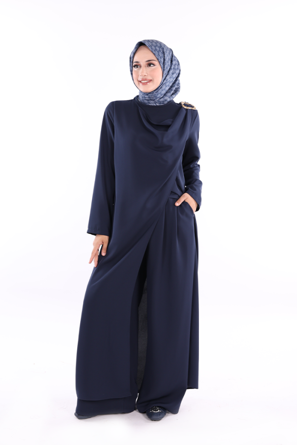 Tek Omuz Gold Toka Detaylı Tunik Pantolon Takım 8698 Lacivert - 1