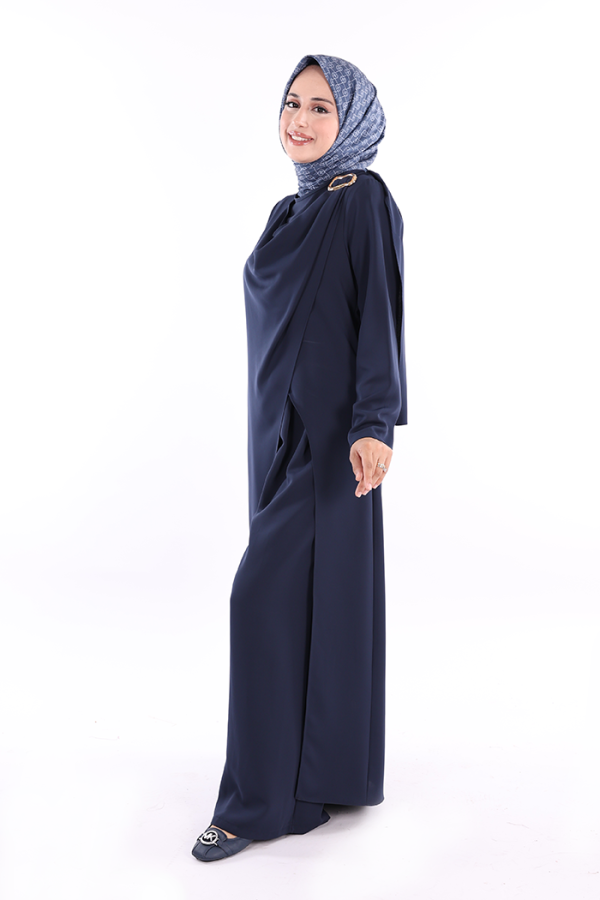 Tek Omuz Gold Toka Detaylı Tunik Pantolon Takım 8698 Lacivert - 2