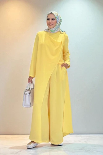 Tek Omuz Gold Toka Detaylı Tunik Pantolon Takım 8698 Sarı - 1