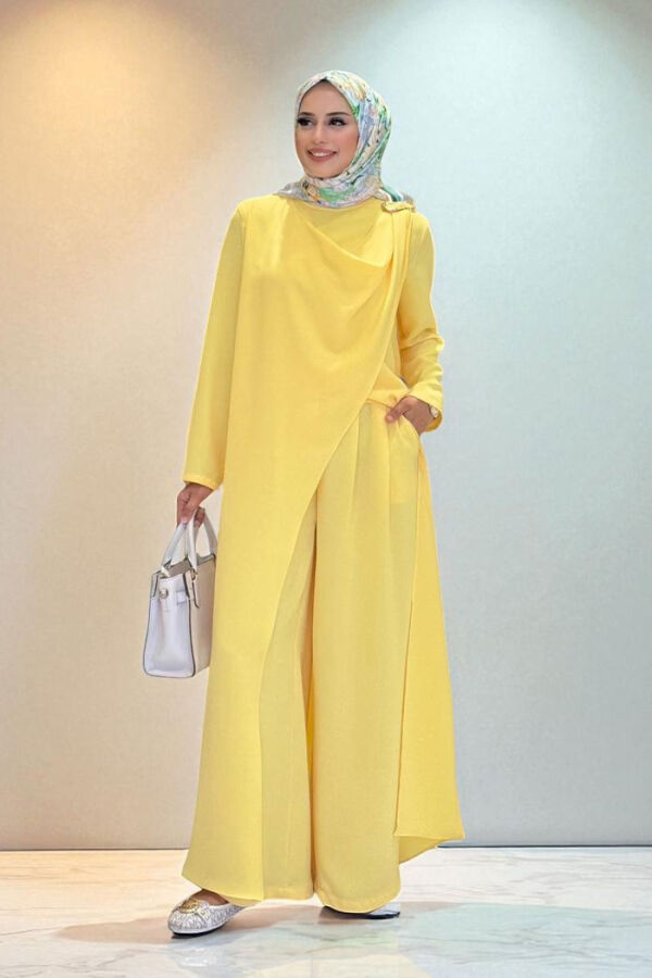 Tek Omuz Gold Toka Detaylı Tunik Pantolon Takım 8698 Sarı - 1