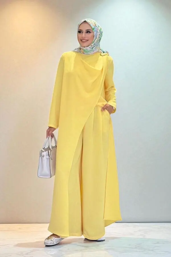 Tek Omuz Gold Toka Detaylı Tunik Pantolon Takım 8698 Sarı - 1