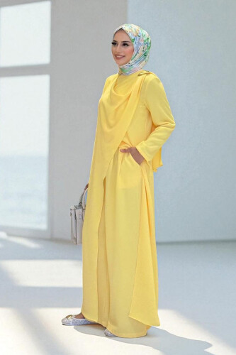 Tek Omuz Gold Toka Detaylı Tunik Pantolon Takım 8698 Sarı - 3