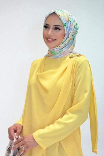 Tek Omuz Gold Toka Detaylı Tunik Pantolon Takım 8698 Sarı - 4