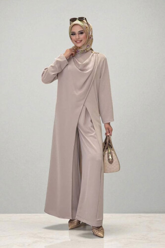Tek Omuz Gold Toka Detaylı Tunik Pantolon Takım 8698 Vizon - Bym Fashion